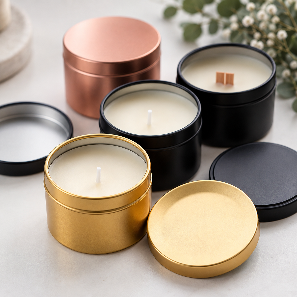 VELAS CON CERA EN RECIPIENTES METÁLICOS